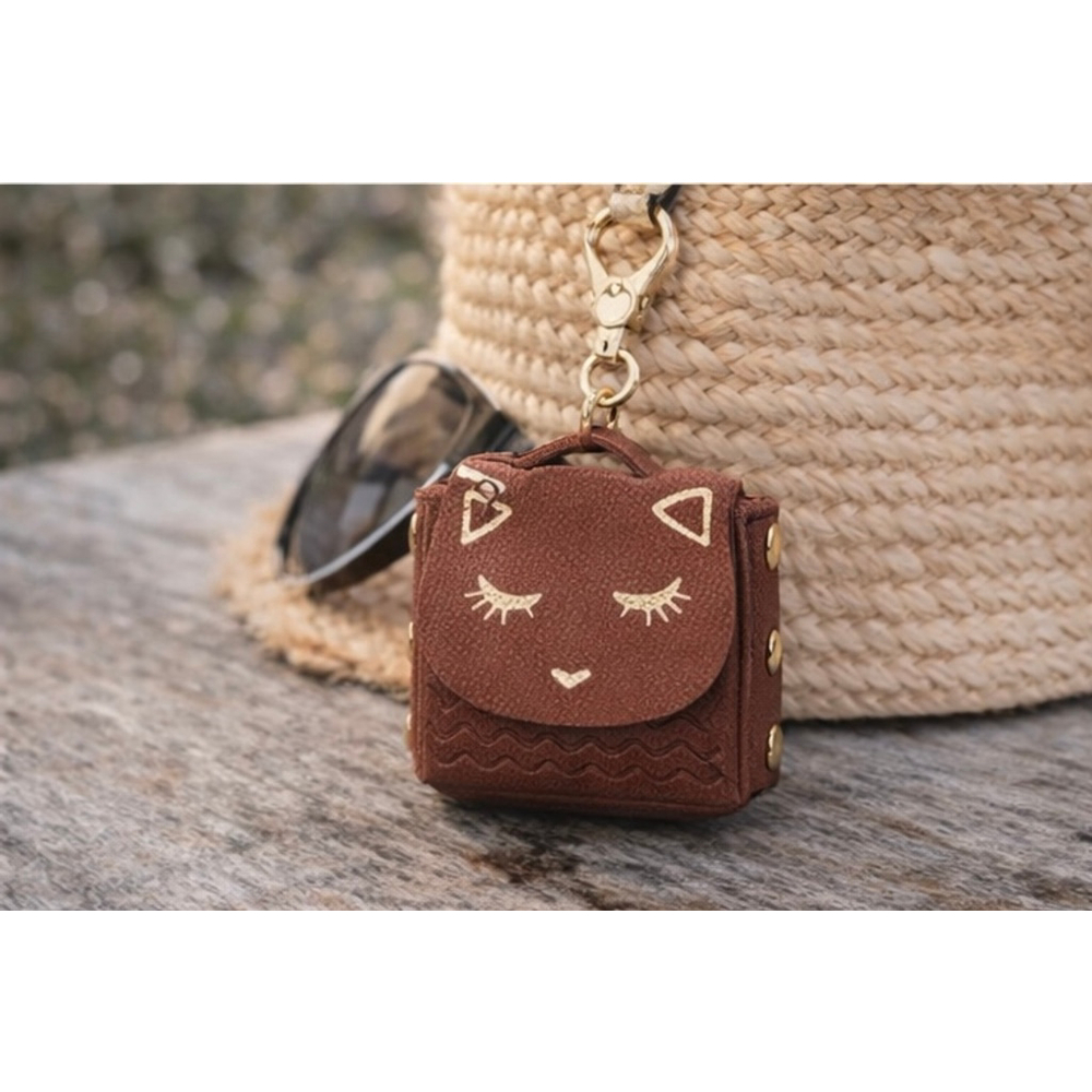 NEW Leather Kitty Coin Pouch & Earbud Case – Gold Hardware / Brown NWT